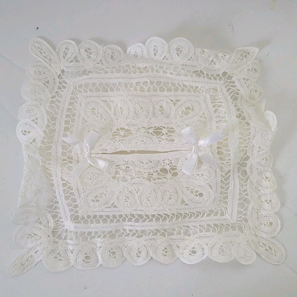 Vintage Kleenex Box Cover Fabric Lace Bows Fits 12" x 6" Box Handmade 1980's
